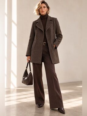 M0851 Brown Tweed 100% Wool Minimalist Coat Made in Canada Sz XXXS